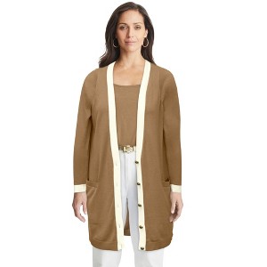 Jessica London Women's Plus Size Tipped Button Front Cardigan - 1 of 4