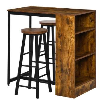 HOMCOM 3 Piece Industrial Dining Table Set, Counter Height Bar Table & Stools Set  with Storage Shelf, Rustic Brown