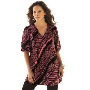 Roaman's Women's Plus Size Printed Y-Neck Georgette Top - 1 of 4