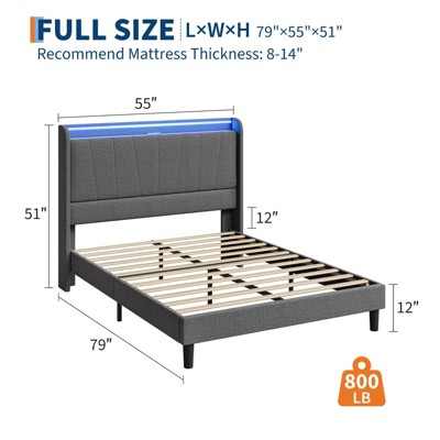 Homhougo Bed Frame with Charging Station & LED Lights, Modern Platform Bed with Wooden Slats, Upholstered Headboard, No Box Spring, Easy Assembly