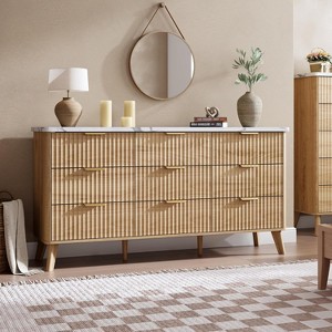 Fluted Dresser with 9 Deep Drawers, 60.6" Wide Modern Chest of Drawer with Faux Marble Top, Wooden Dresser TV Stand - 1 of 4