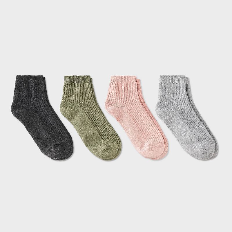 Women's Ultra Soft Everyday Rib-Knit 4pk Ankle Socks - Auden™ Green/Heather Gray/Pink 4-10: Midweight, Rib Cuffs