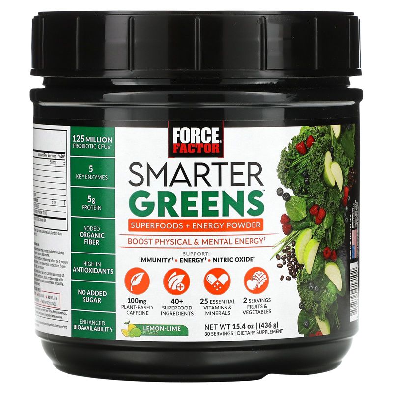 Force Factor Smarter Greens, Superfoods + Energy Powder, Lemon-Lime, 15.4 oz (436 g), 1 of 3