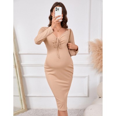 Women's Maternity Long Sleeve Square Neck Tie Front Bodycon Pencil Dress