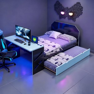 Luxystar Full Size Daybed with Built-in Desk, USB Charging & Twin Trundle, Space-Saving Multifunctional Bed for Guest Room and Gaming - 1 of 4