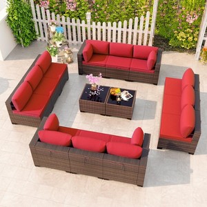 ALAULM 14 Pieces Outdoor Patio Furniture Set Outdoor Sectional Rattan Sofa Set Brown Manual Wicker Patio Conversation Set - 1 of 4