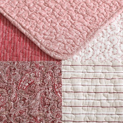 Celina Patchwork Red Cotton Twin Reversible Quilt Set