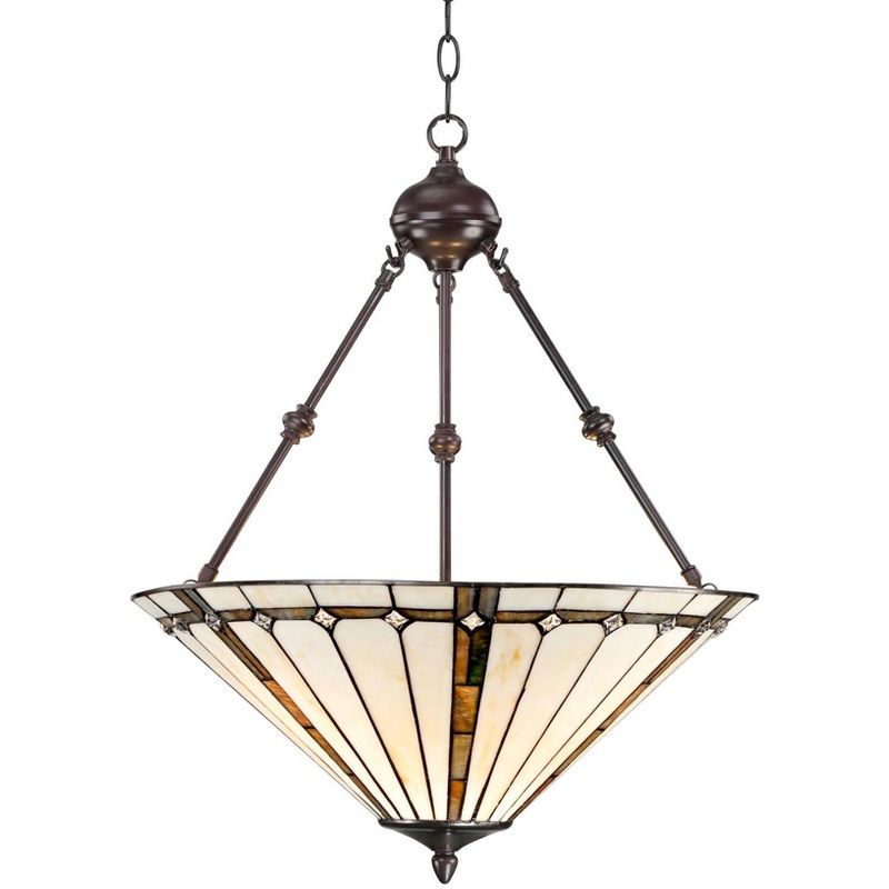 Robert Louis Tiffany Bronze Pendant Chandelier 20" Wide Tiffany Style Gold Texture Ivory Stained Glass Dining Room House Kitchen, 1 of 9
