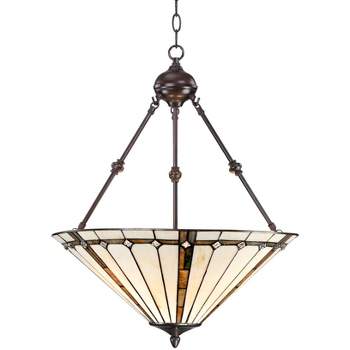 Robert Louis Tiffany Bronze Pendant Chandelier 20" Wide Tiffany Style Gold Texture Ivory Stained Glass Dining Room House Kitchen