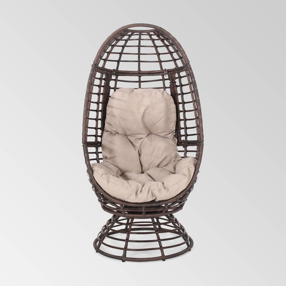 Photos - Garden Furniture Pitner Wicker Swivel Egg Chair - Dark Brown/Beige - Christopher Knight Hom