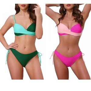 INSPIRE CHIC Women's Front Cross Contrast Color Top Triangle Bottoms Swimwear Bathing Bikini Suits 2 Sets - 1 of 4