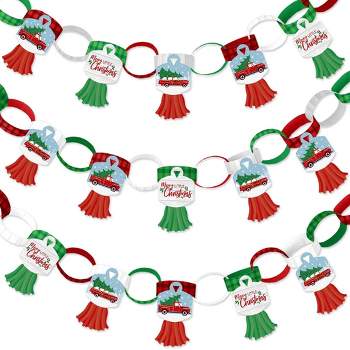 Big Dot of Happiness Merry Little Christmas Tree - 90 Chain Links & 30 Paper Tassels Decor Kit - Red Truck Christmas Party Paper Chains Garland- 21 ft