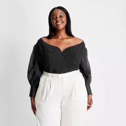 Women's Plus Size Long Sleeve Off the Shoulder Bustier Blouse - Future Collective™ with Kahlana Barfield Brown Black 4X