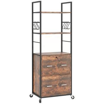 Vinsetto 2 Drawer File Cabinet w/ Key, Open Shelves, Mobile Filing Cabinet with Adjustable Hanging Bar for Letter, A4 & Legal Size Paper, Rustic Brown
