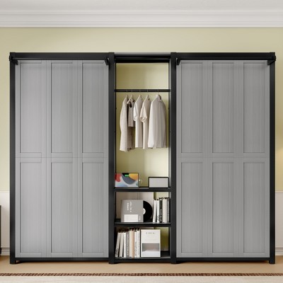 Twin and Twin Murphy Bed with Wardrobe, Shelves and Power Outlets