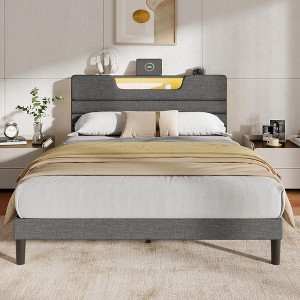 Queen Size Bed Frames with Upholstered Headboard Bed with Charging Station and Led Lights Bed Frame with Sturdy Wooden Slats/2-Tier Storage Grey - 1 of 4