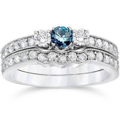 Pompeii3 3/4ct Round Blue Diamond 3-Stone Engagement Ring Wedding Set 10K White Gold
