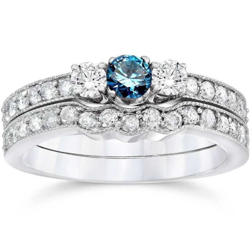 Pompeii3 3/4ct Round Blue Diamond 3-Stone Engagement Ring Wedding Set 10K White Gold, 1 of 4