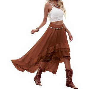 Women's Western Boho Skirt - Lace Ruffle Asymmetrical Hem Cowgirl Style Rust Brown - 1 of 4