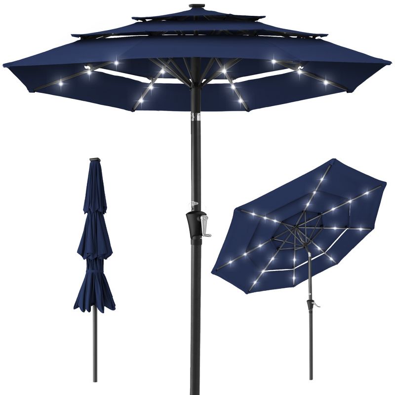Best Choice Products 10ft 3-Tier Solar Patio Umbrella w/ 24 LED Lights, Tilt Adjustment, Easy Crank, 1 of 8