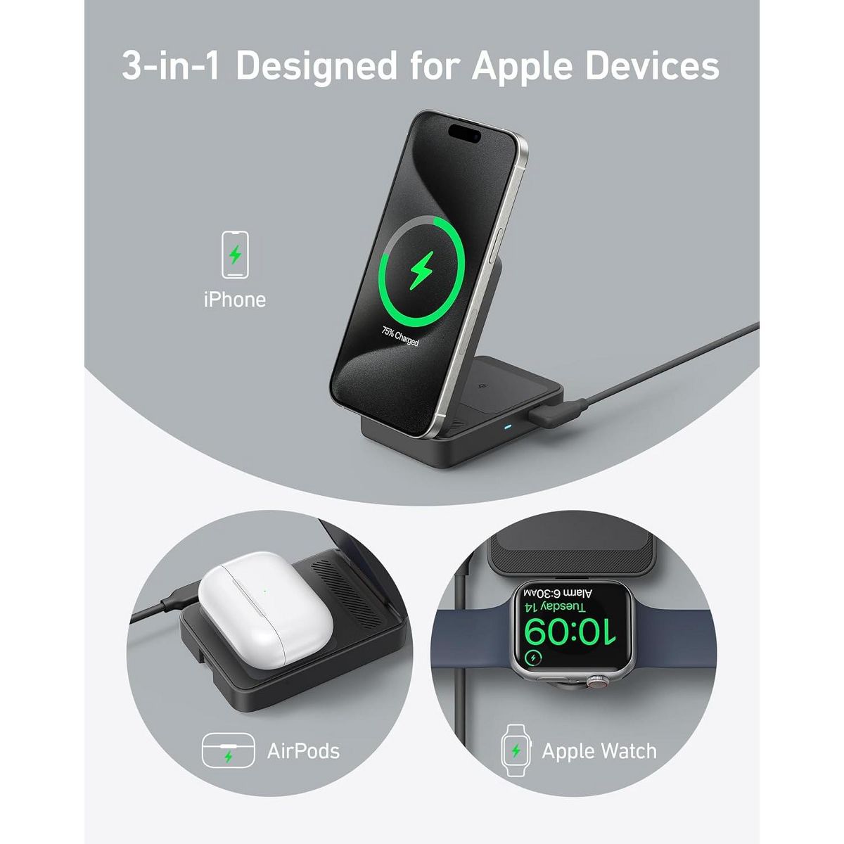 Anker MagSafe Charger Compatible, MagGo 3-in-1 Charging Station, Qi2 Certified - thumbnail 5
