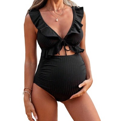 Women's Maternity Hollow Out Ruffle Trim Tie One Piece Swimsuit Cut Out Bathing Suits Swimwear