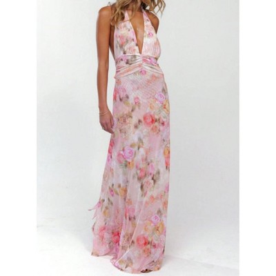 Mocamel Womens Boho Floral Print Halter Maxi Bodycon Dress Summer Sexy Backless Flowy Long Dresses Beach Vacation Sundress