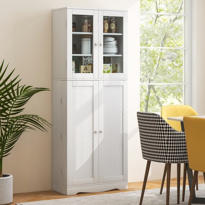 White Tall Kitchen Pantry Storage Cabinet with Glass Doors