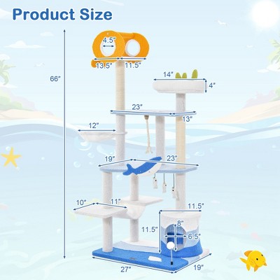 Ocean-Themed Multi-Level Blue and White Cat Tree Tower with Sisal Posts