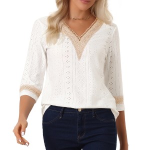 Allegra K Women's V Neck Contrast Color Lace Trim Boho Top - 1 of 4
