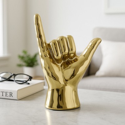 Decorative Stoneware Ceramic Hand Sculpture with Shaka Gesture Silhouette Contemporary Abstract Accent Art Figurine Modern Handcrafted Display Object