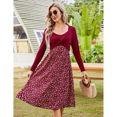 Coolmee Women Casual Smocked Sweetheart Neck Color-Block Long Sleeve A Line Flowy Midi Dress Wine Red XXL