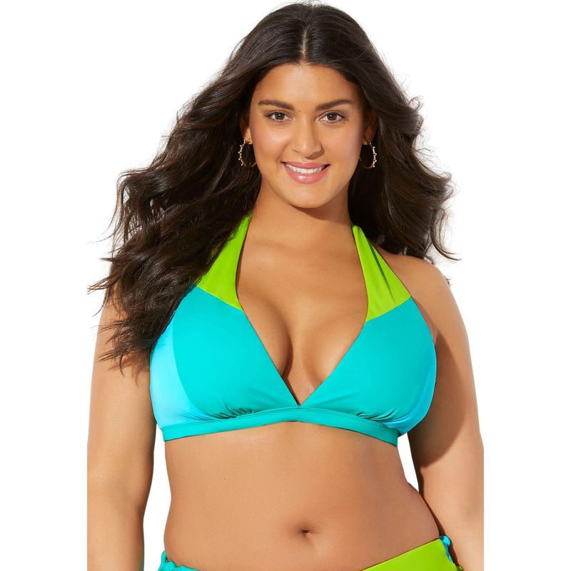 Swimsuits for All Women's Plus Size Romancer Colorblock Halter Triangle Bikini Top, 1 of 2