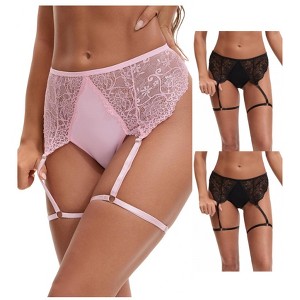 INSPIRE CHIC Women's 3 Pcs Perspective Lace Hipsters Hollow Out Panties with Adjustable Garters - 1 of 4
