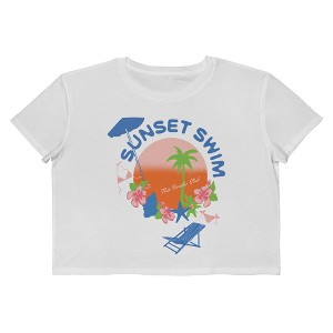 Rerun Island Women's Sunset Swim Beach Short Sleeve Graphic Cotton Cropped Loose T-shirt - Bright White 1X - 1 of 4
