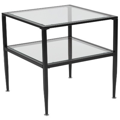 Merrick Lane Square Glass End Table with Lower Shelf and Black Metal Frame