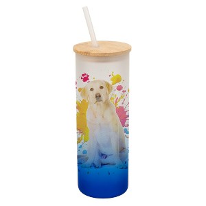 100 North 25 Ounce Frosted Glass Gradient Travel Tumbler With Straw & Wooden Lid, Yellow Labrador Paint Splatter Navy Blue - 1 of 4