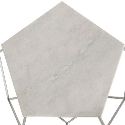 Transitional Hexagonal 18" Silver Stone & Metal Side Table