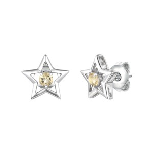 Guili Sterling Silver White Gold Plated Star Stud Earrings with Yellow Tourmaline- Radiating Celestial Charm and Brilliance for an Elegant Look - 1 of 4