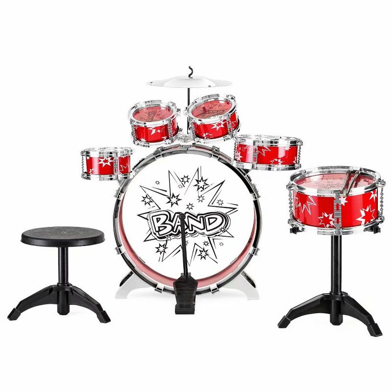 SKONYON 11 Piece Kids Drum Set Bass Tom Drums Snare Cymbal Stool Drumsticks Red, 3 of 9