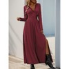 Women's Long Sleeve Lace V Neck Maxi Dress Bodycon Empire Wrap High Waist A Line Pleated Party Dresses with Slit Wine Red S - 3 of 4