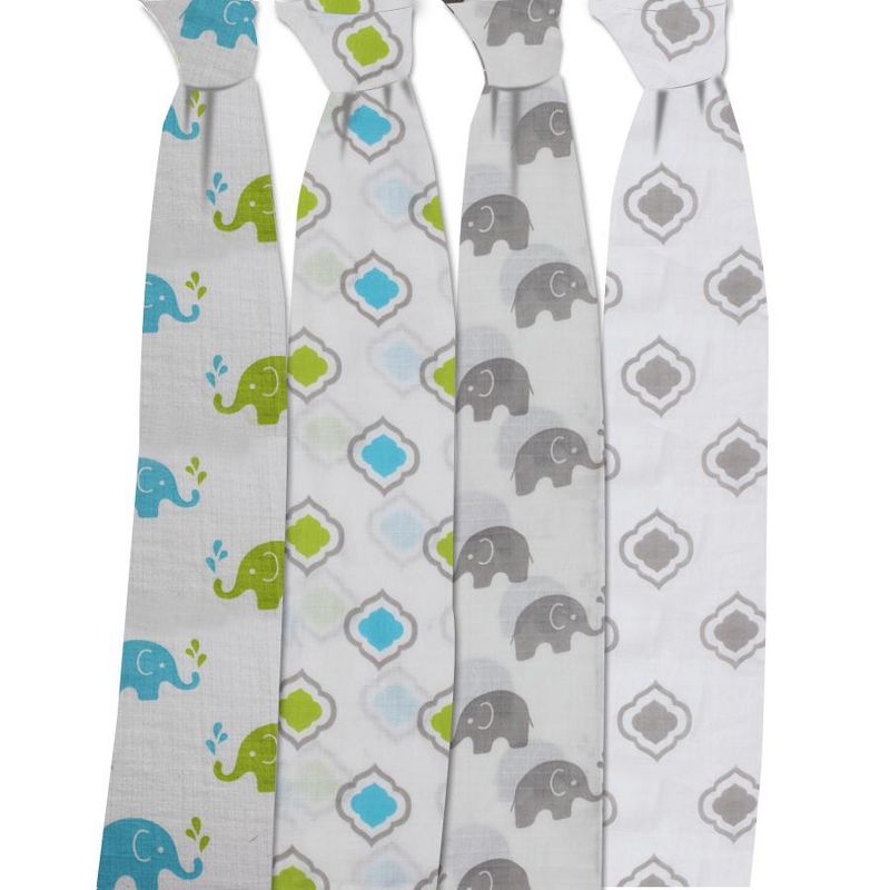 Bacati - Elephants Aqua/Lime/Gray Muslin Swaddling Blankets set of 4, 3 of 6