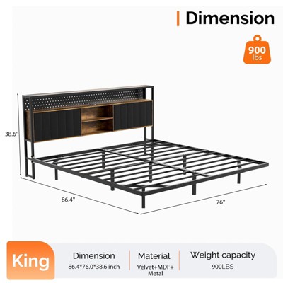 VINGLI Floating Bed Frame with LED Lights, Charging Station, Hidden Storage & Velvet Headboard. No Box Spring Needed, Easy Assembly