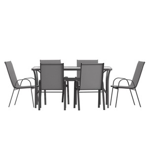 Flash Furniture Brazos 7 Piece Commercial Grade Patio Dining Set with Tempered Glass Patio Table and 6 Chairs with Flex Comfort Material Seats and Backs - 1 of 4