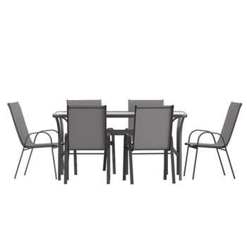 Flash Furniture Brazos 7 Piece Commercial Grade Patio Dining Set with Tempered Glass Patio Table and 6 Chairs with Flex Comfort Material Seats and Backs