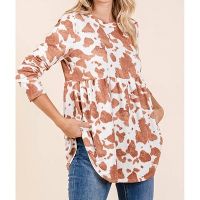 Women's Cow Print Babydoll Top - Cream N Sugar