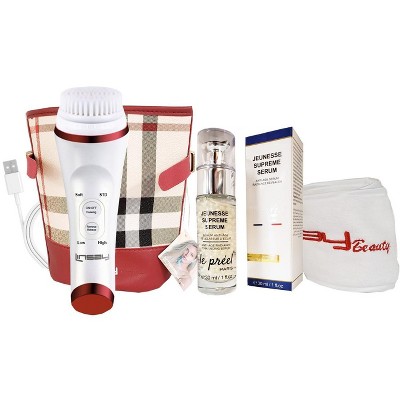 LINSAY Ultra-Sonic Facial & Body cleansing Brush with Temperature control Super SPA Bundle with Potent Anti-Aging Serum USB Cable Headband & Bag