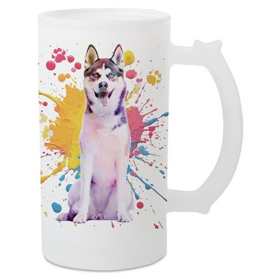 100 North Freezable Beer Stein Mug With Thumb Grip Handle, 16 Ounce Frosted Glass, Siberian Husky Paint Splatter