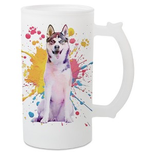 100 North Freezable Beer Stein Mug With Thumb Grip Handle, 16 Ounce Frosted Glass, Siberian Husky Paint Splatter - 1 of 4