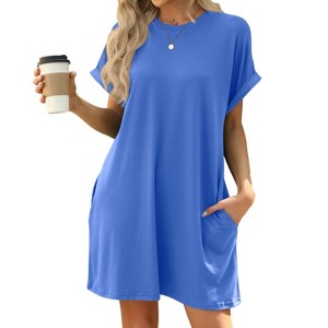 BLUEMING Womens T Shirt Dresses Crew Neck Mini Dresses Casual Short Sleeve Loose Flowy Dress with Pockets - 1 of 4